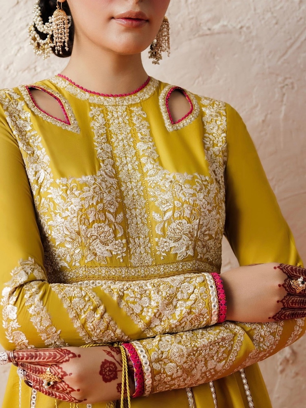 Hussain Rehar Elegant Mustard Embroidered Anarkali Dress with Dupatta - Picture 2 of 5